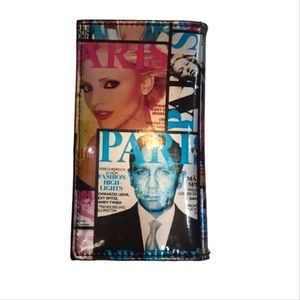 Fashion Magazine Cover Print Bifold Wallet Multi Color Patent Leather Snap Close